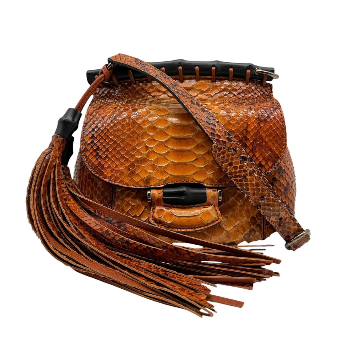 Gucci Orange Python Crossbody Bag With Bamboo Fringe