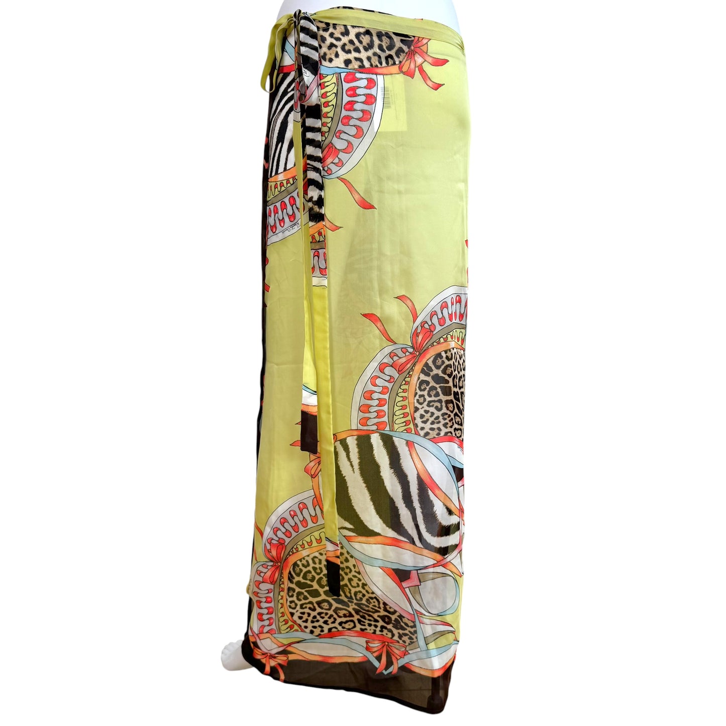 Roberto Cavalli S/S 2004 Yellow Multicolor Animal Print Sheer Silk Maxi Wrap Skirt