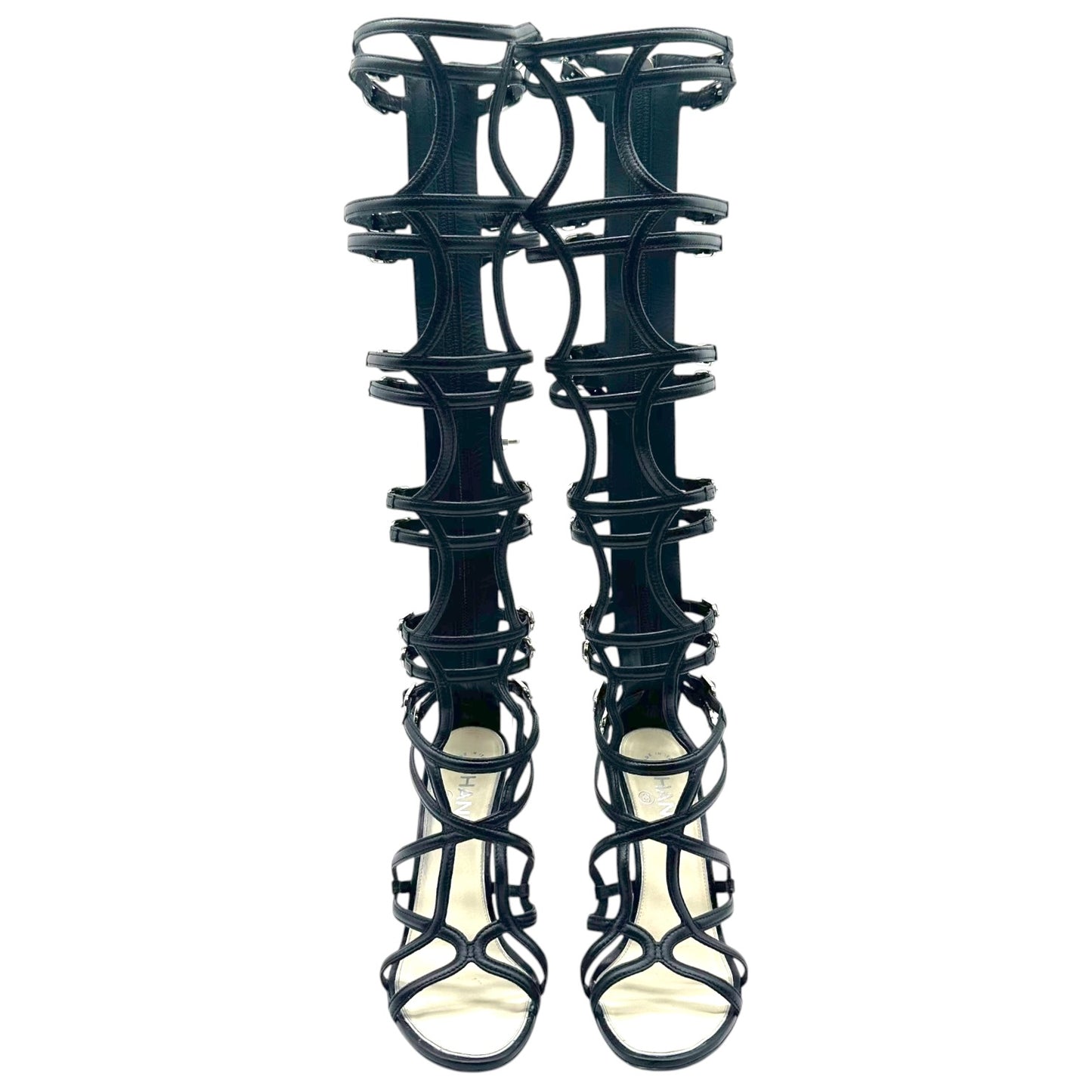 Chanel Black Leather Knee High Gladiator Wedge Sandals