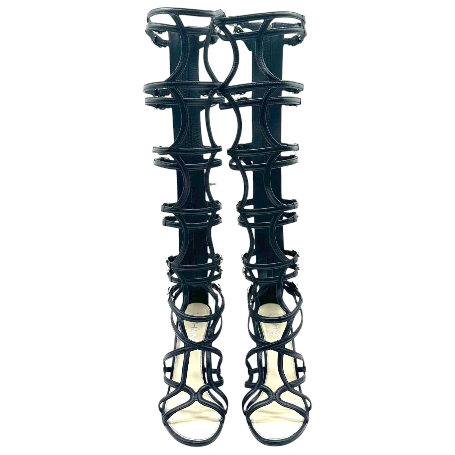 Chanel Black Leather Knee High Gladiator Wedge Sandals