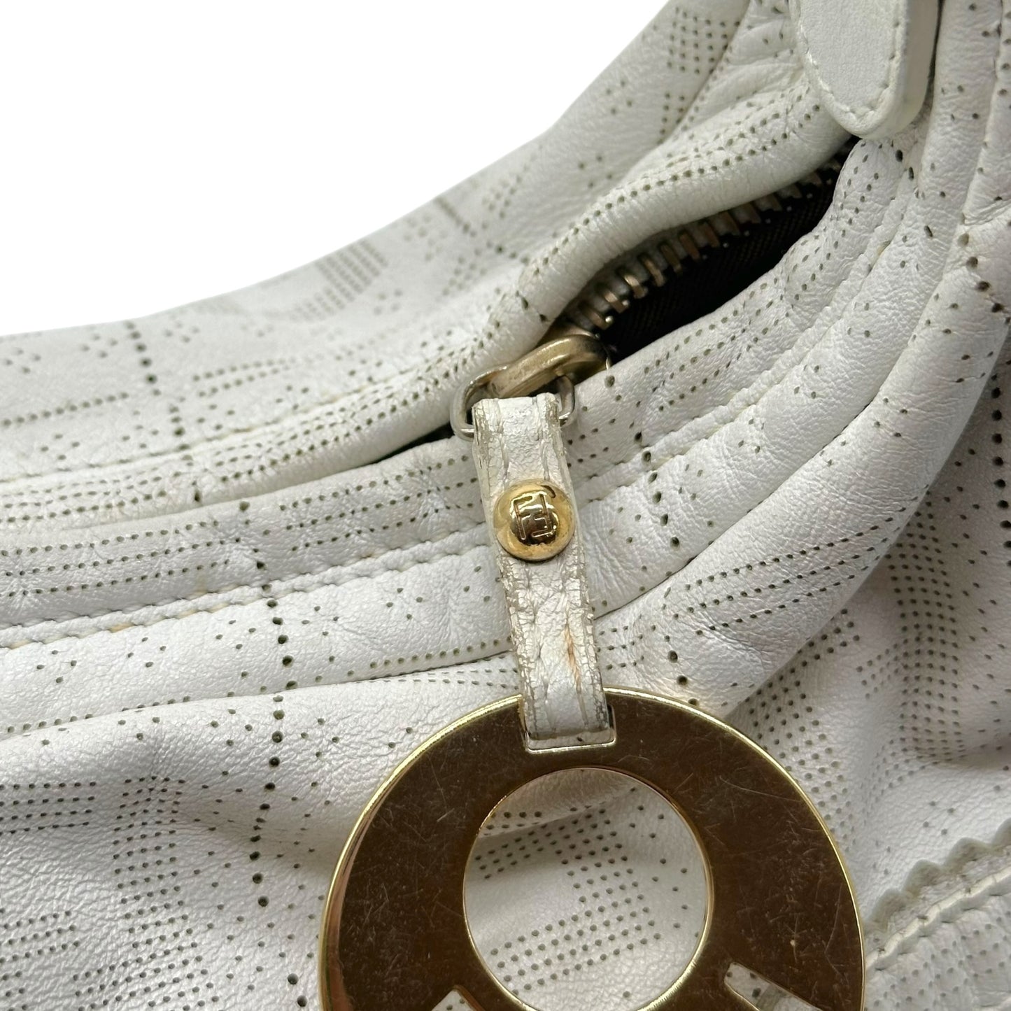 Fendi White Perforated Leather  Zucca Monogram Medium Chef Bag - Outfit Repeater