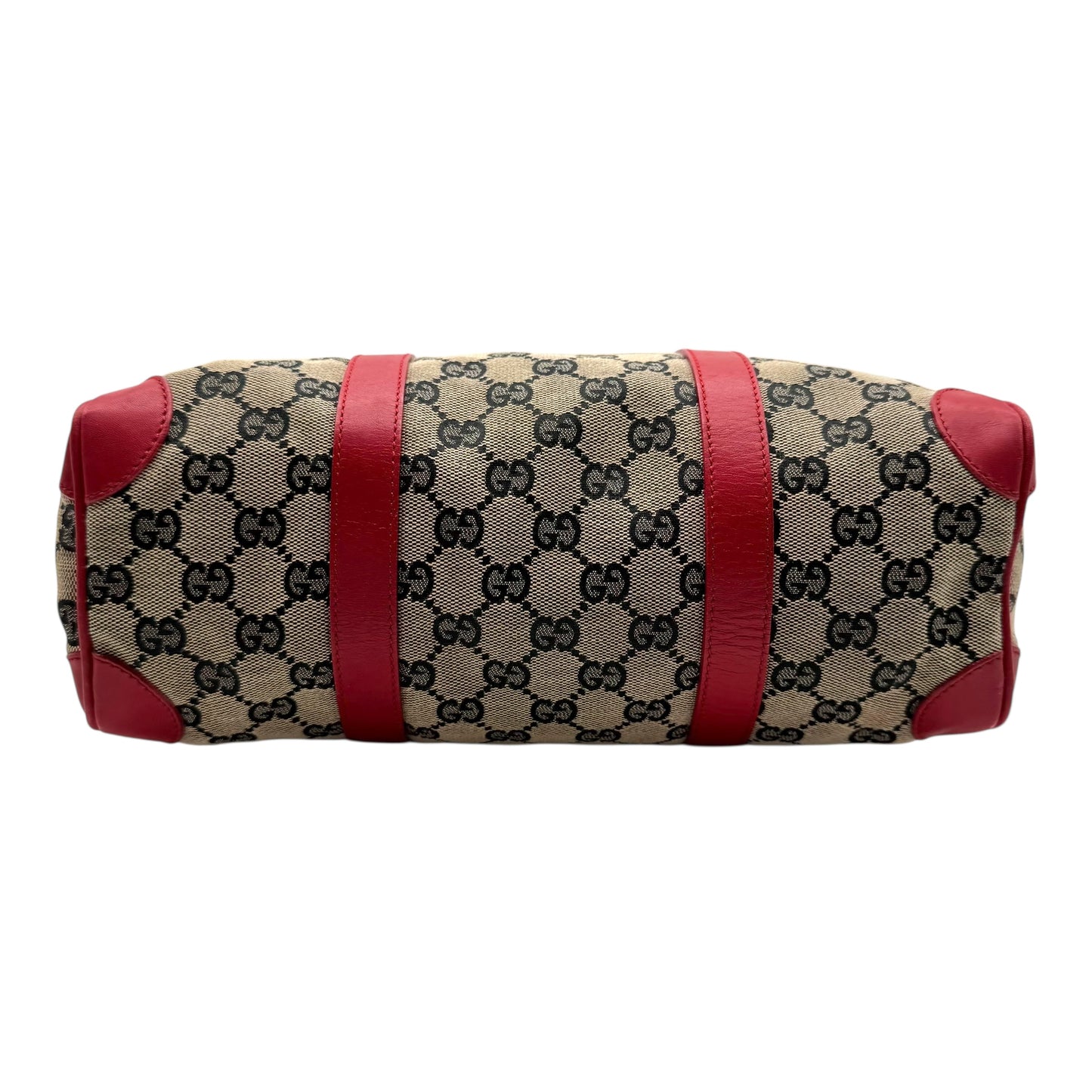 Gucci Gray Monogram & Red Leather Boston Bag - Outfit Repeater