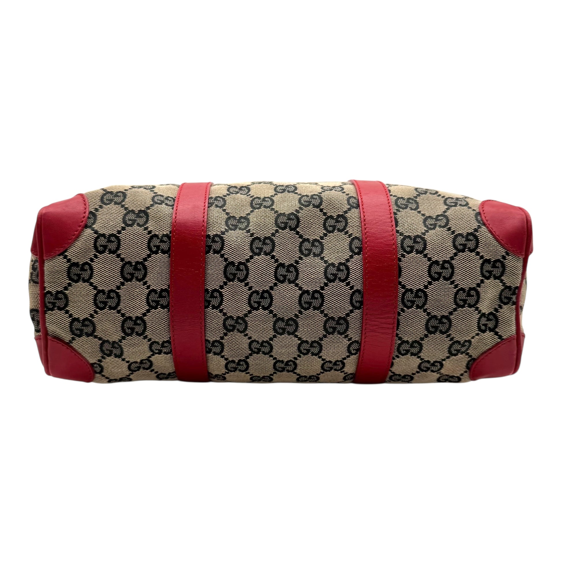 Gucci Gray Monogram & Red Leather Boston Bag - Outfit Repeater