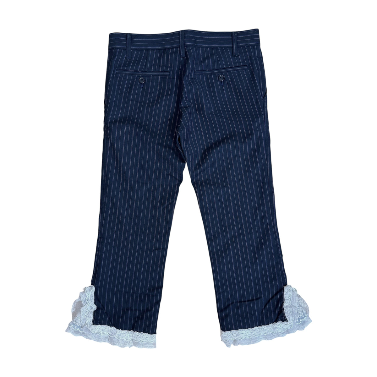 Junya Watanabe Black Pinstriped Capri Pants with Lace Trim