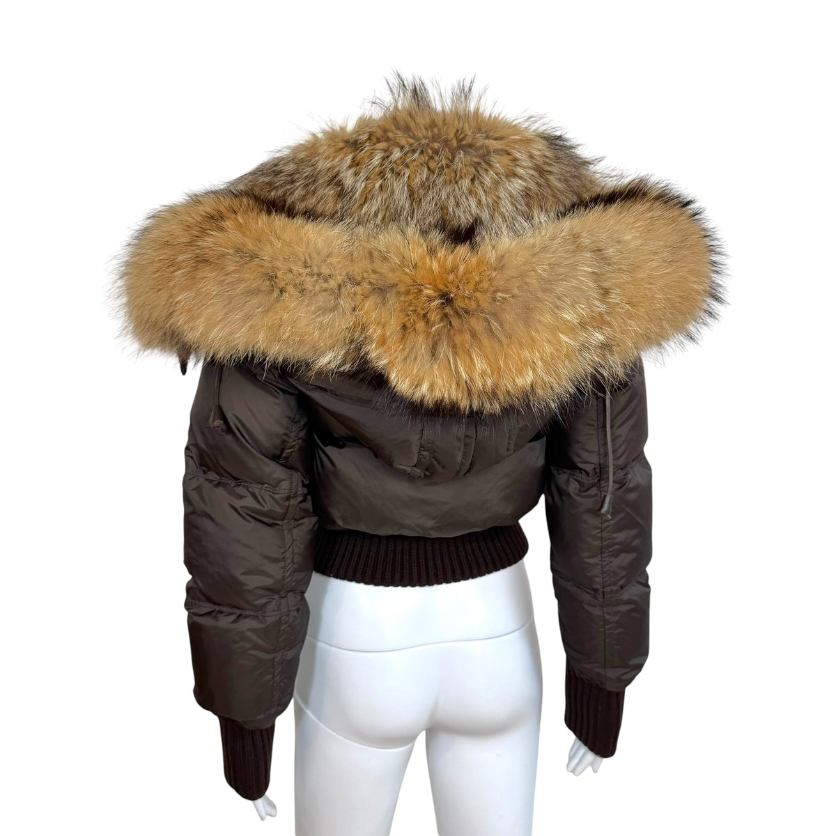 Dsquared2 Brown Fox Fur Trim Hood Cropped Down Fill Puffer Coat