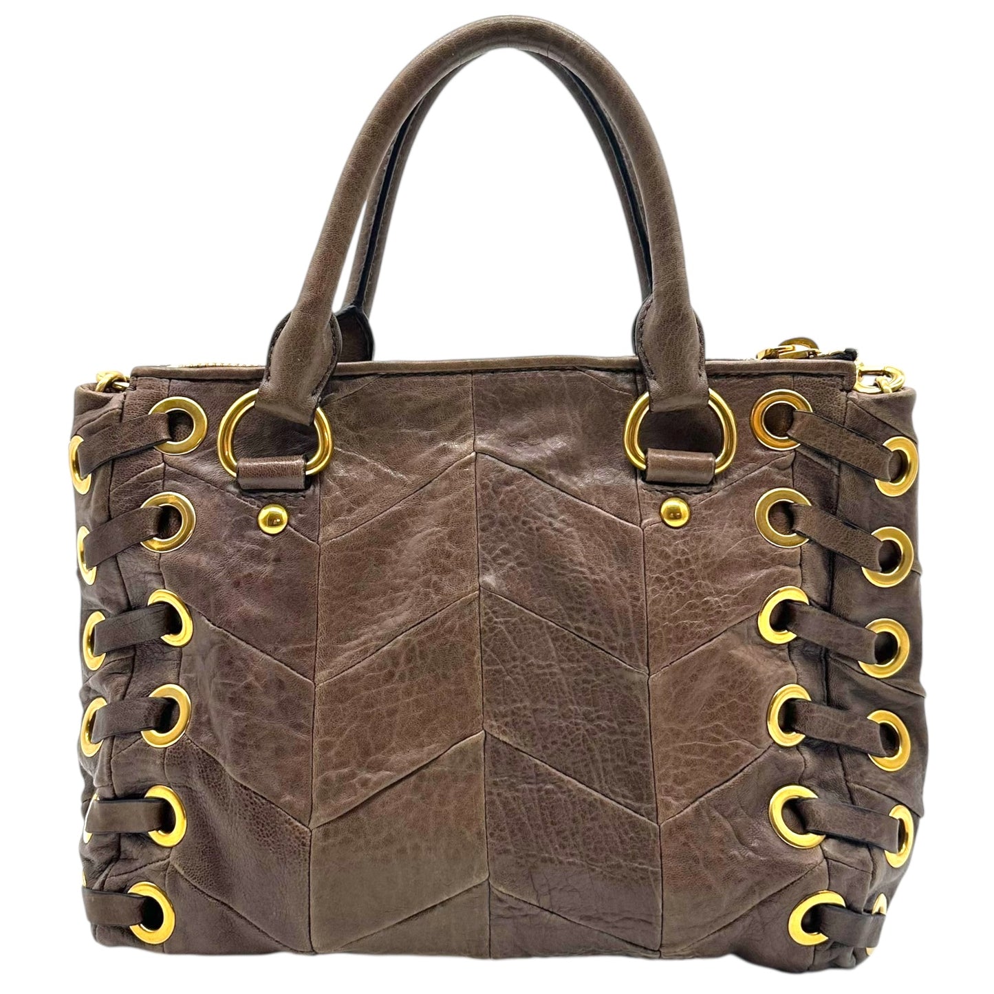 Miu Miu Brown Leather & Gold Rivet Studded 2-Way Bag