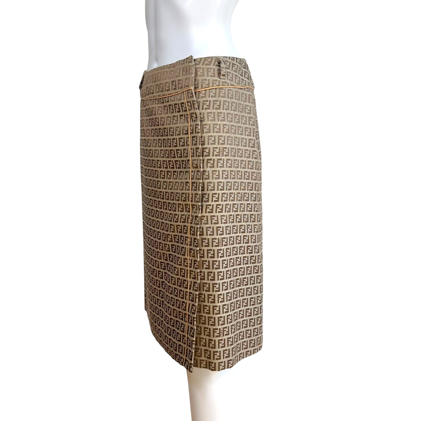Fendi Tan Zucchino Monogram Leather Trim Midi Wrap Skirt