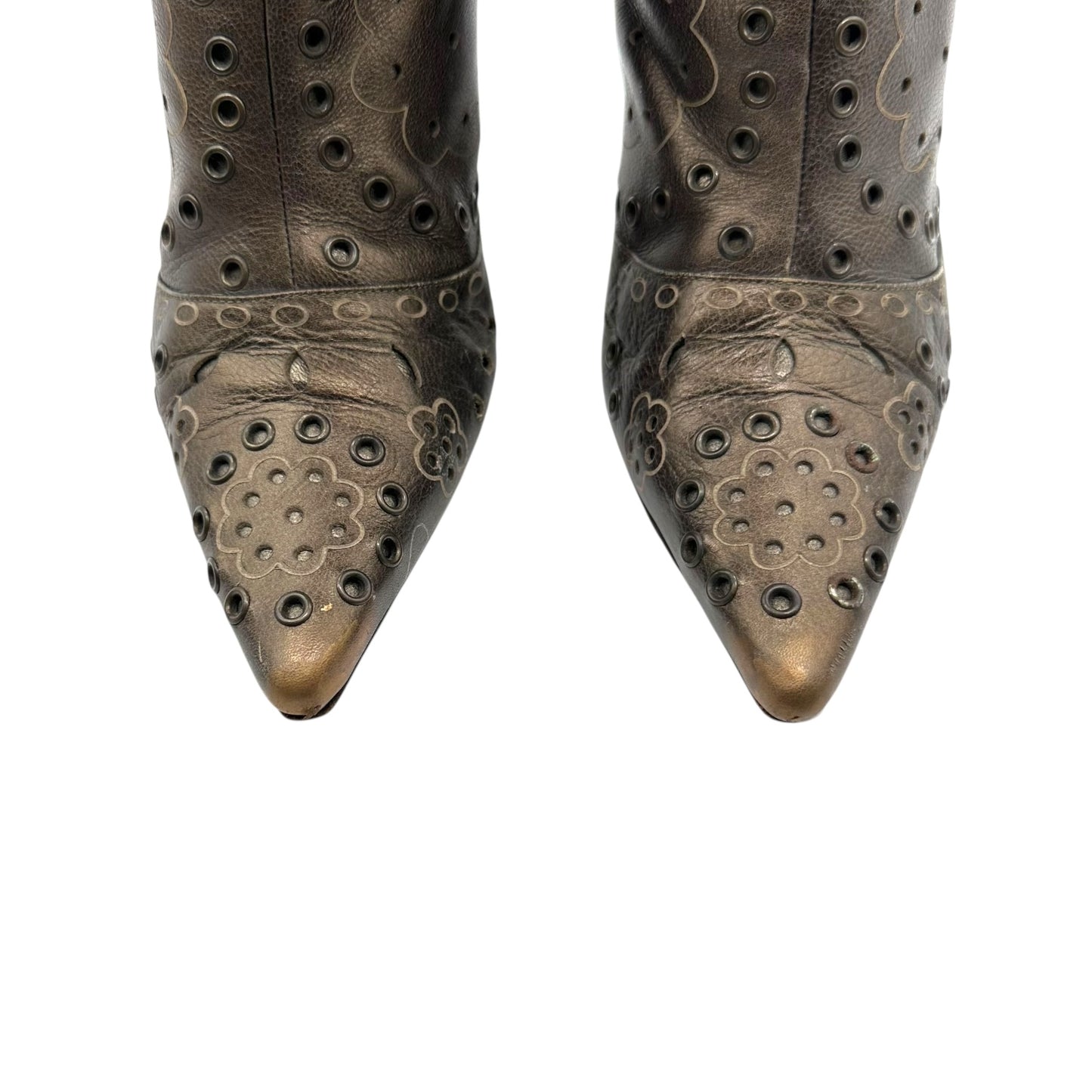 Jimmy Choo Bronze Leather Floral Print Grommet Boots