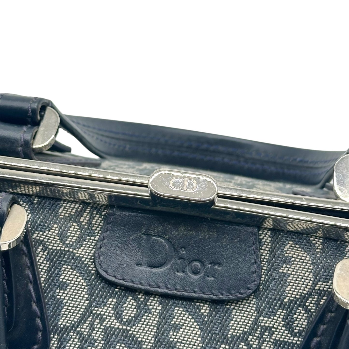 Christian Dior Navy Blue Trotter Monogram East West Kisslock Bag