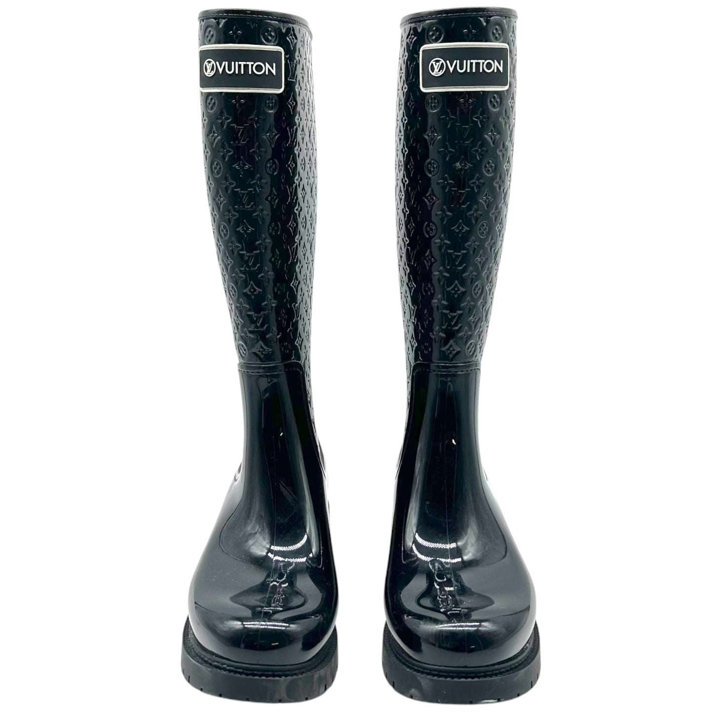Louis Vuitton Black Shiny Rubber Embossed Monogram Rain Boots