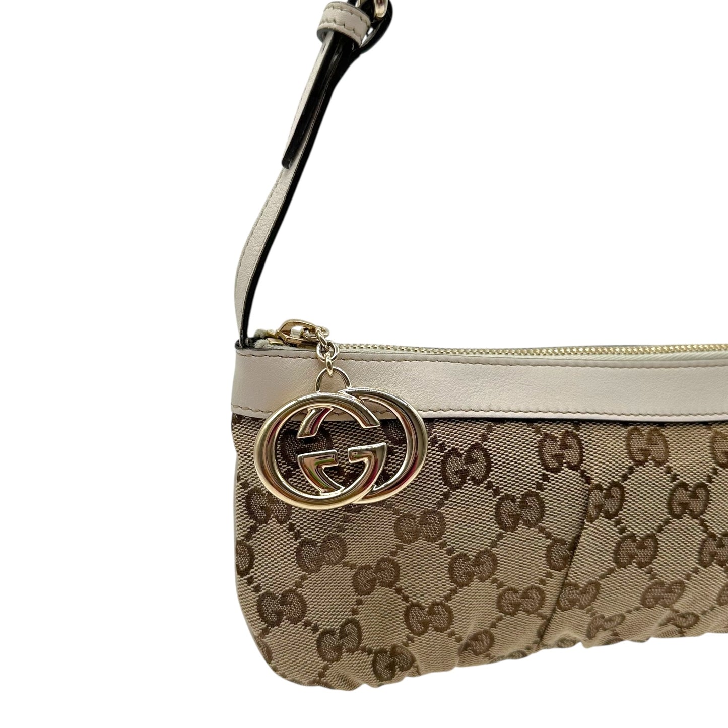 Gucci Tan Monogram & White Leather Trim Pochette Bag