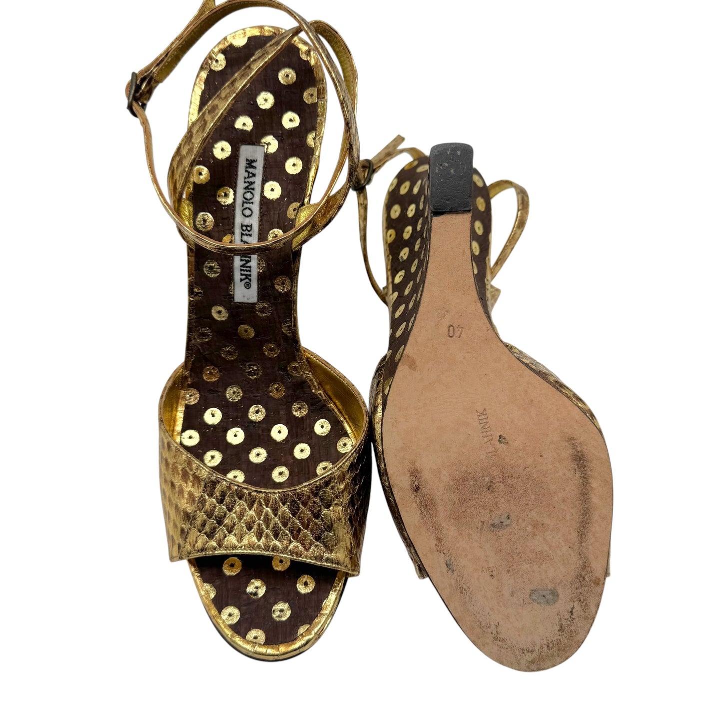 Manolo Blahnik Gold Python & Brown Cork Polka Dot Wedge Sandal Heels