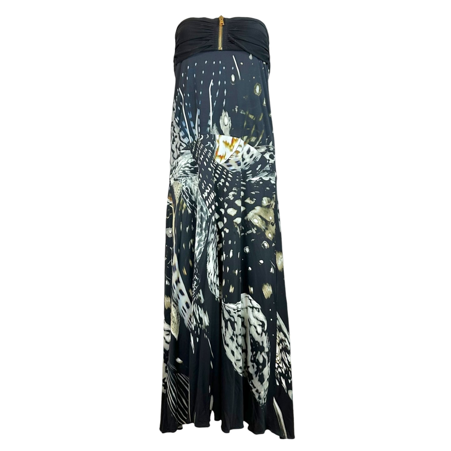 Roberto Cavalli Strapless Maxi Dress Black Ivory Feather Print