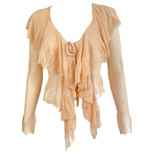 Christian Dior Light Pink Sheer Knit Ruffle Front Cardigan