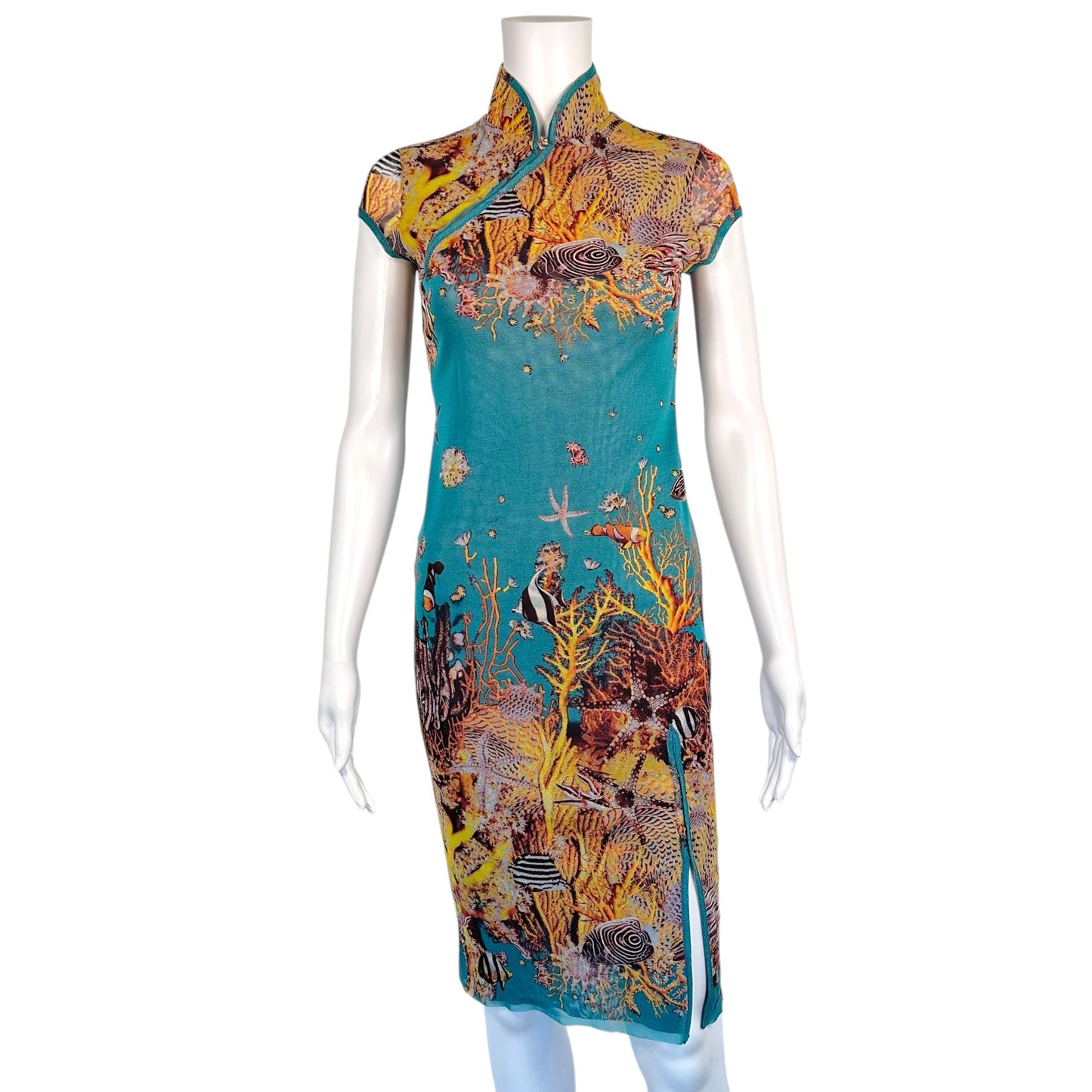 Jean Paul Gaultier Turquoise Fish Print Mesh Chinosoire Midi Dress