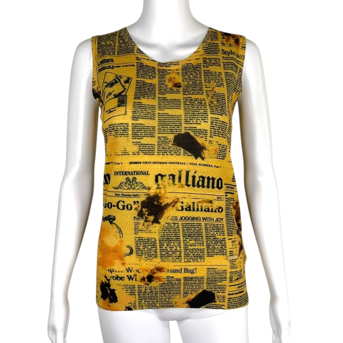 Galliano Yellow & Black Gazette Printed Cashmere Tank NEW