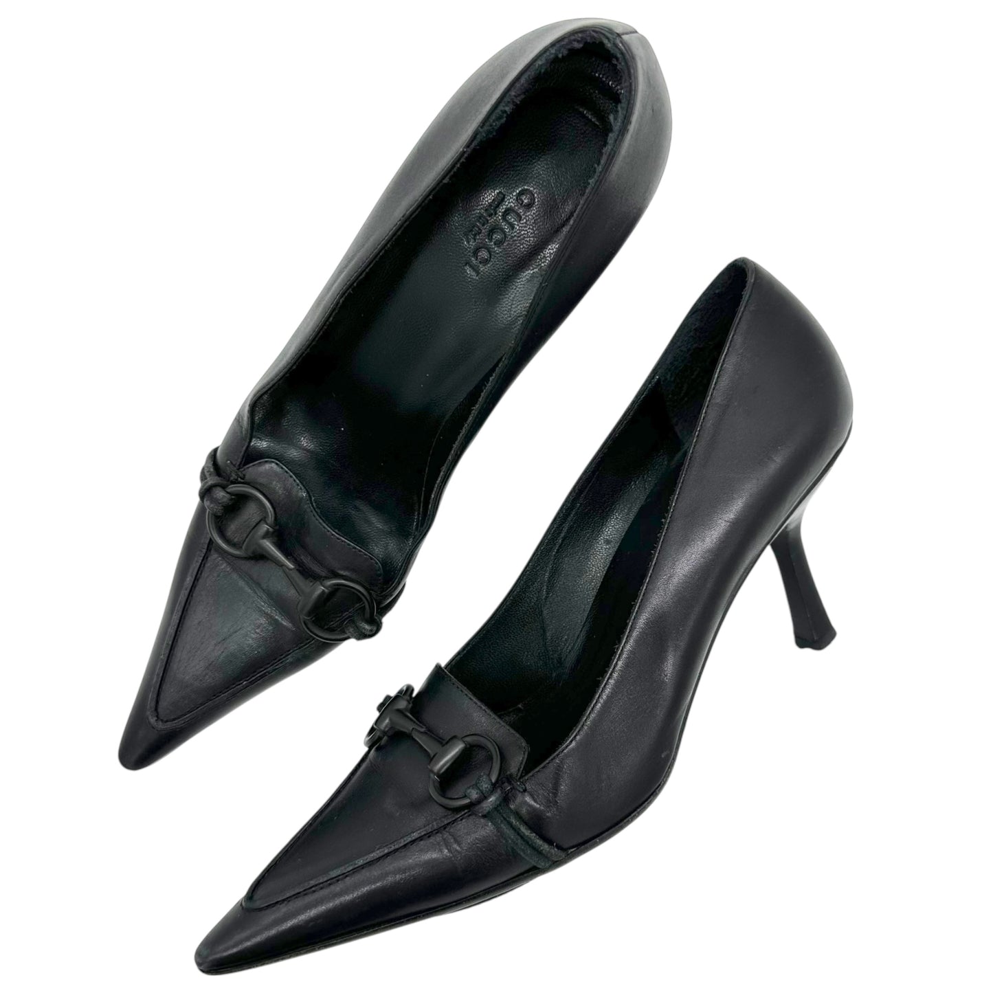 Gucci Black Leather Pointed Toe Horsebit Heels