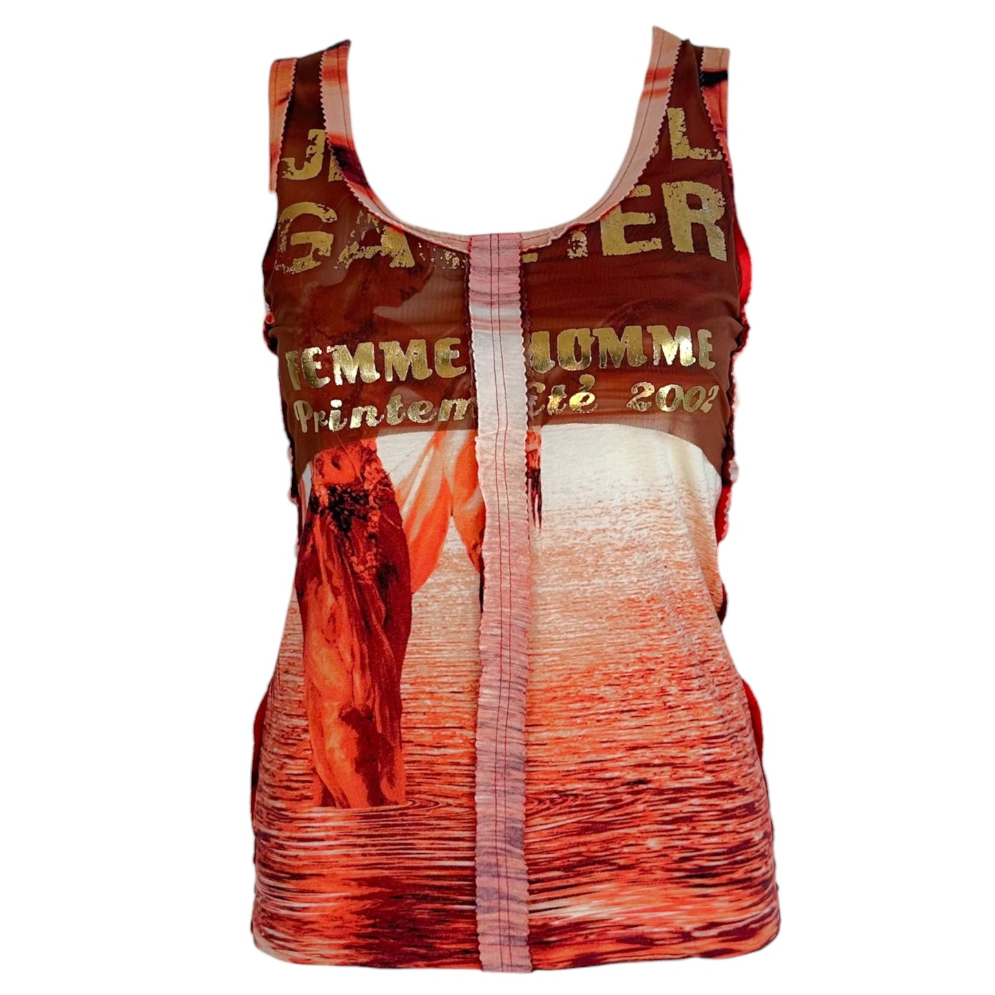 Jean Paul Gaultier Mesh Overlay Tank Orange Burgundy