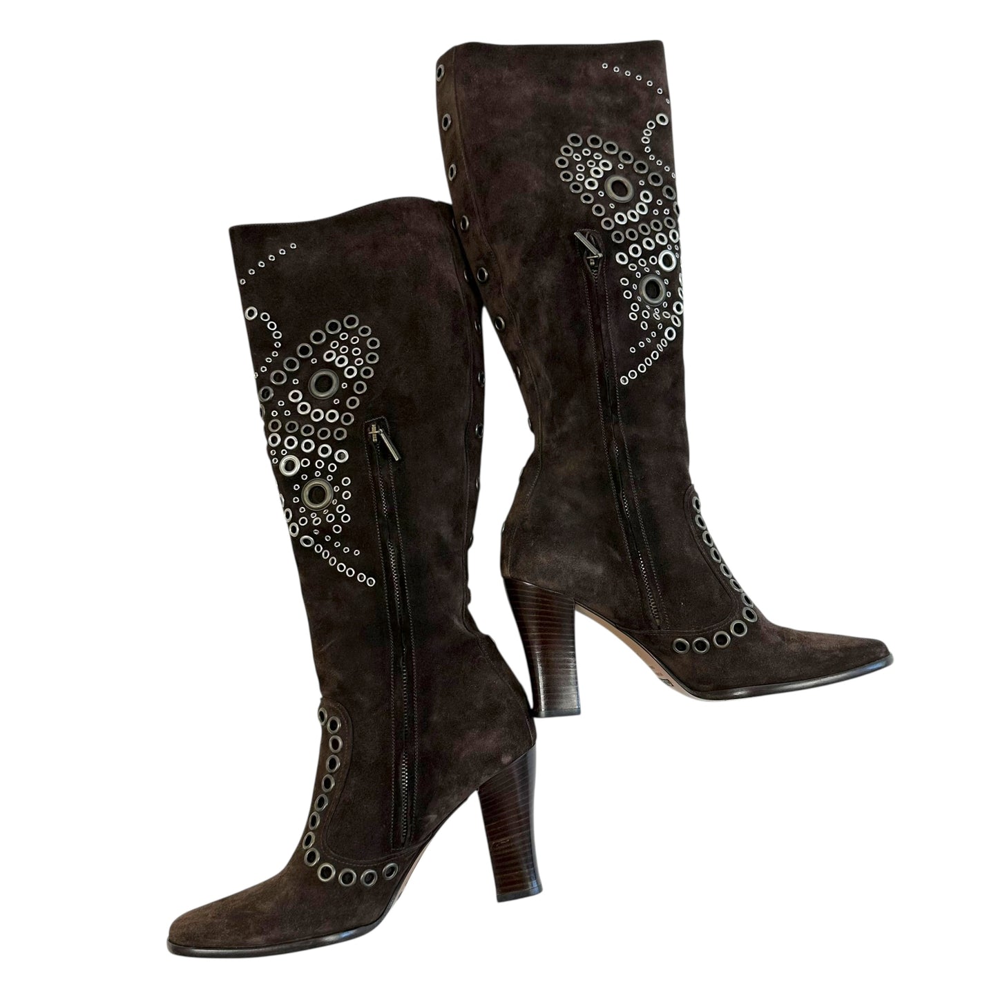 Dolce & Gabbana Brown Suede Butterfly Rivet Heeled Boots - Outfit Repeater