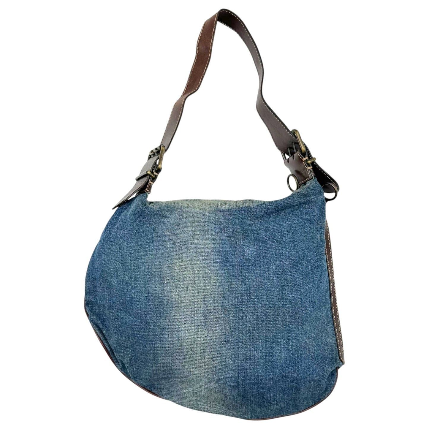 Fendi Denim & Brown Leather Large Oyster Shoulder Bag