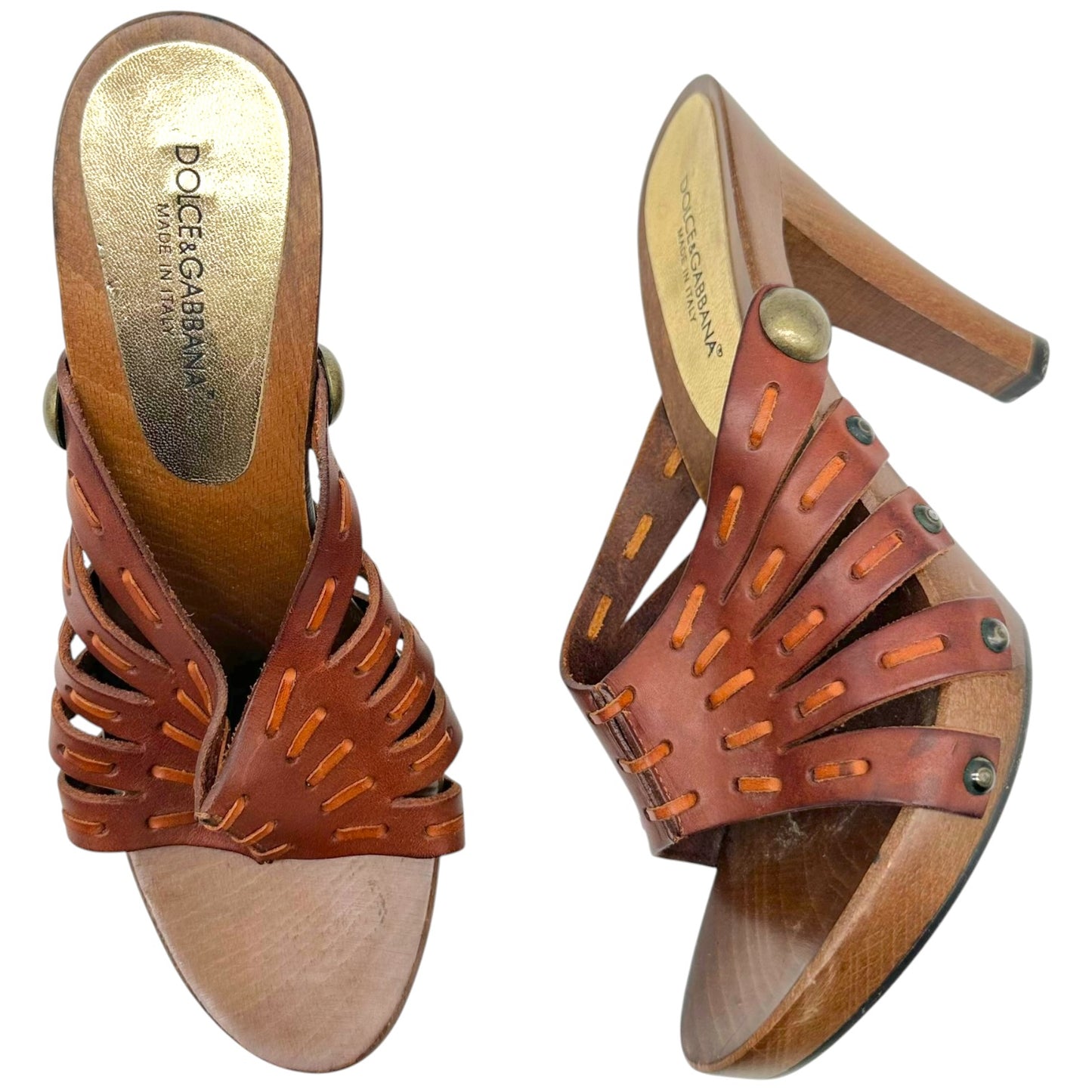 Dolce & Gabbana Brown Leather & Wood Platform Mule Heels