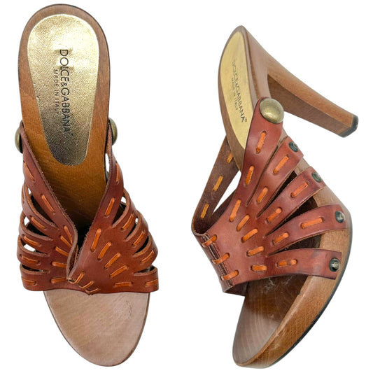 Dolce & Gabbana Brown Leather Wood Platform Mule Heels