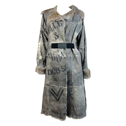 Dolce & Gabbana Distressed Printed Gray Rabbit Fur Coat
