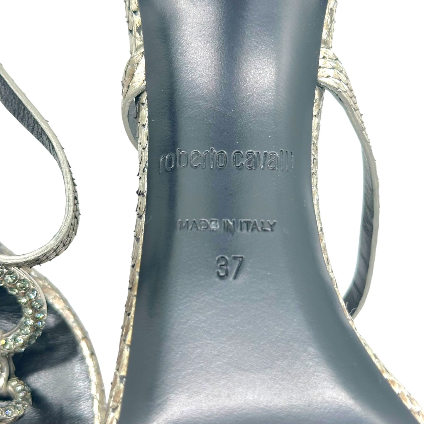 Roberto Cavalli Silver Python & Crystal Sandal Heels - Outfit Repeater