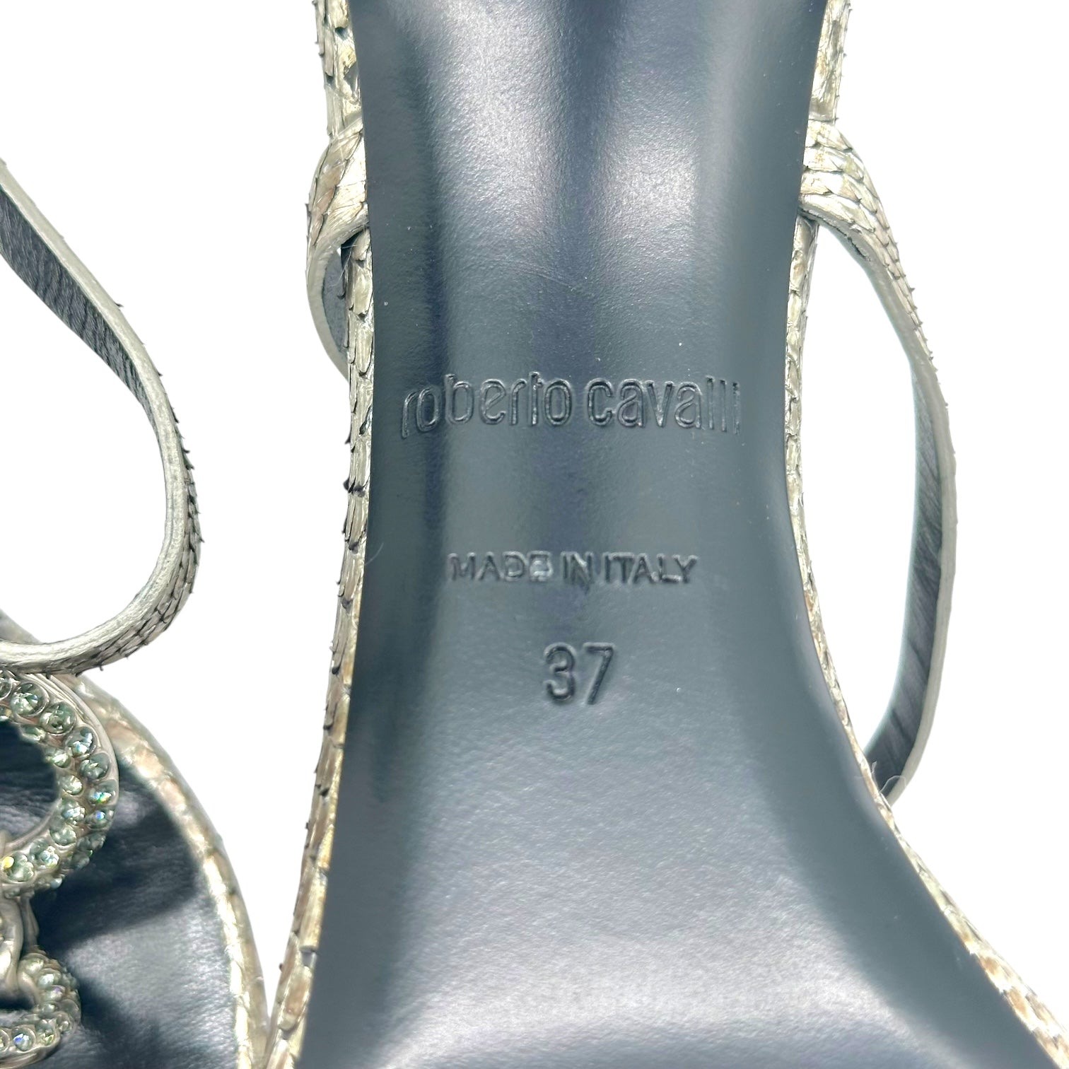 Roberto Cavalli Silver Python & Crystal Sandal Heels - Outfit Repeater