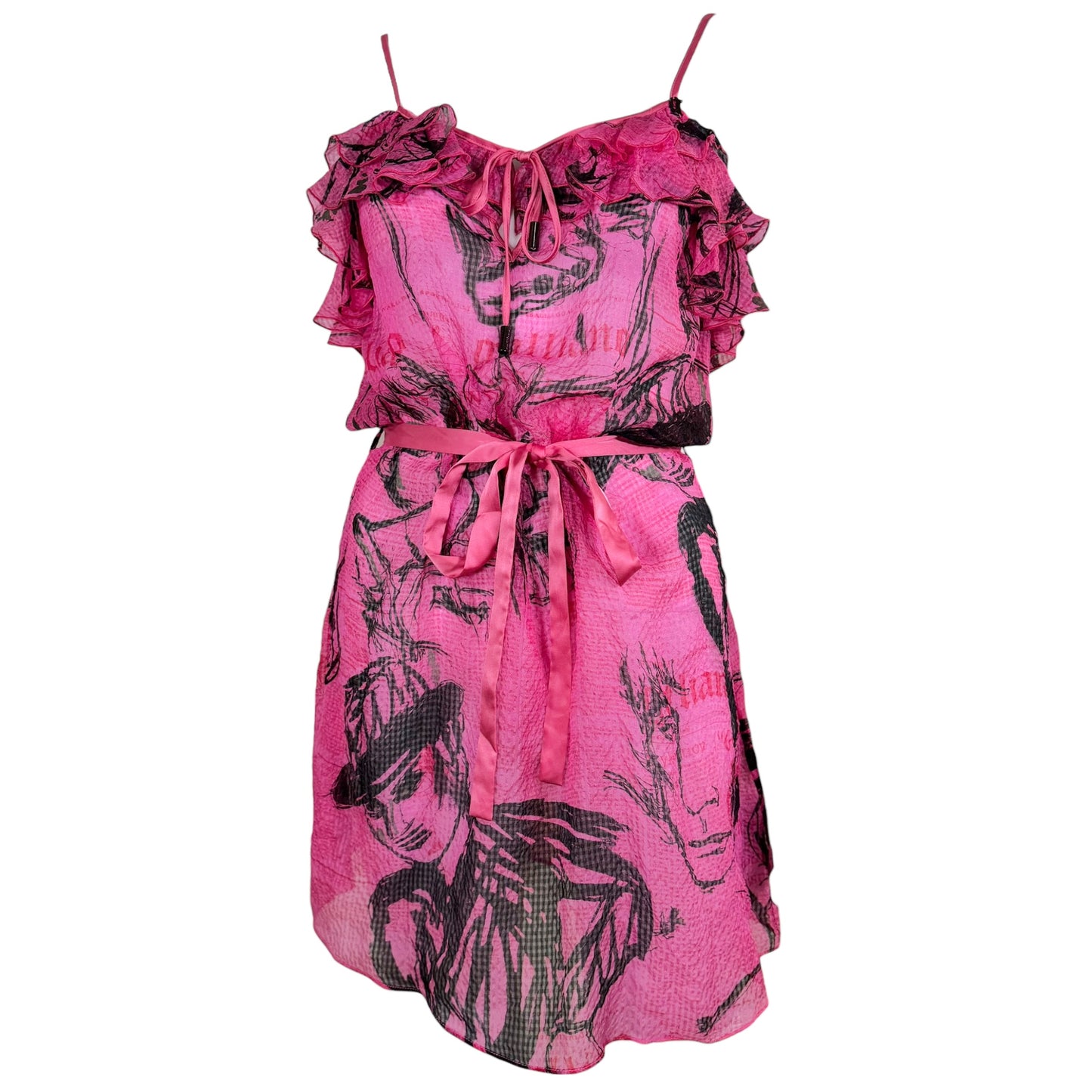 Galliano Sheer Silk Mini Dress Pink Black Gazette Print