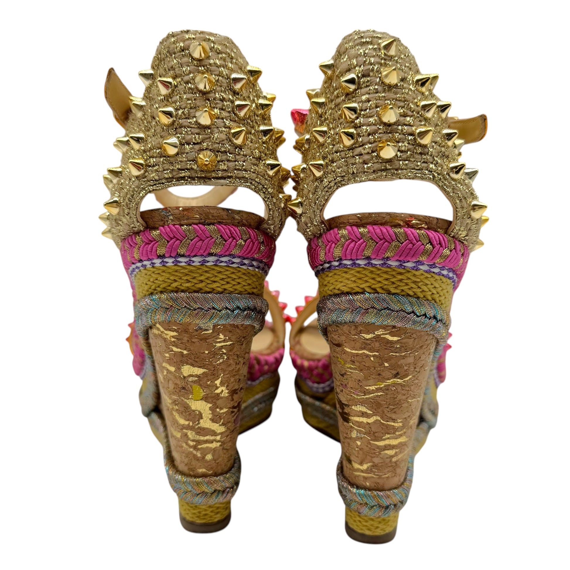Christian Louboutin Cork Wedge Sandals Pink Gold Spike