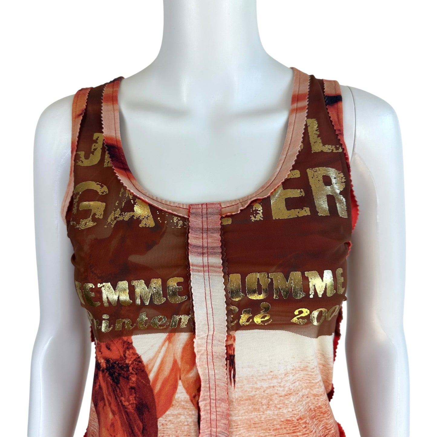 Jean Paul Gaultier Mesh Overlay Tank Orange Burgundy
