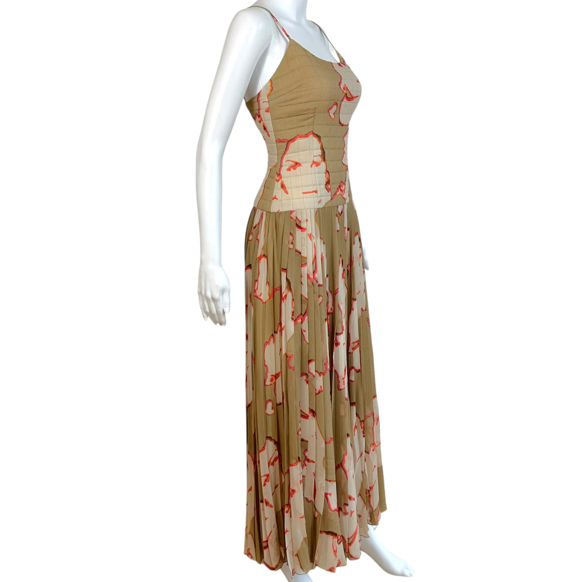 Chanel Silk Pleated Maxi Dress Taupe Face Print