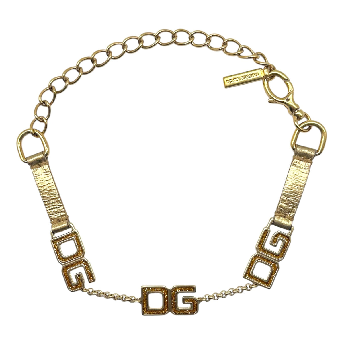 Dolce & Gabbana Gold Glitter & Leather Logo Charm Choker Necklace