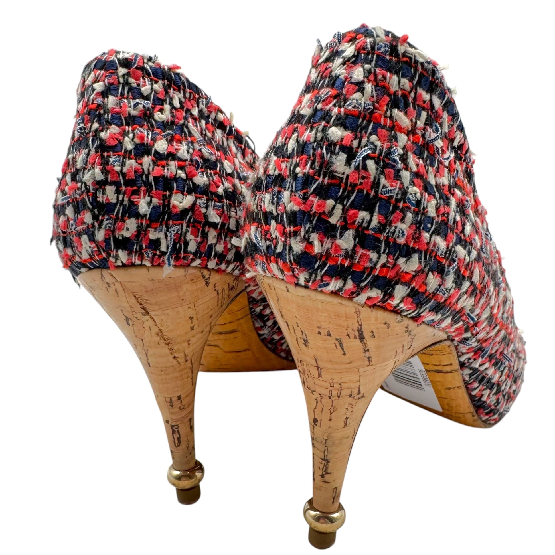 Chanel Red Blue Tweed Rhinestone CC Logo Heels