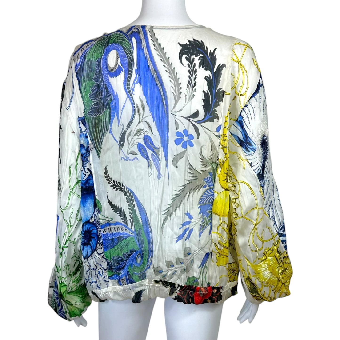 Roberto Cavalli Primary Color Floral Printed Sheer Silk Lace-Up Blouse