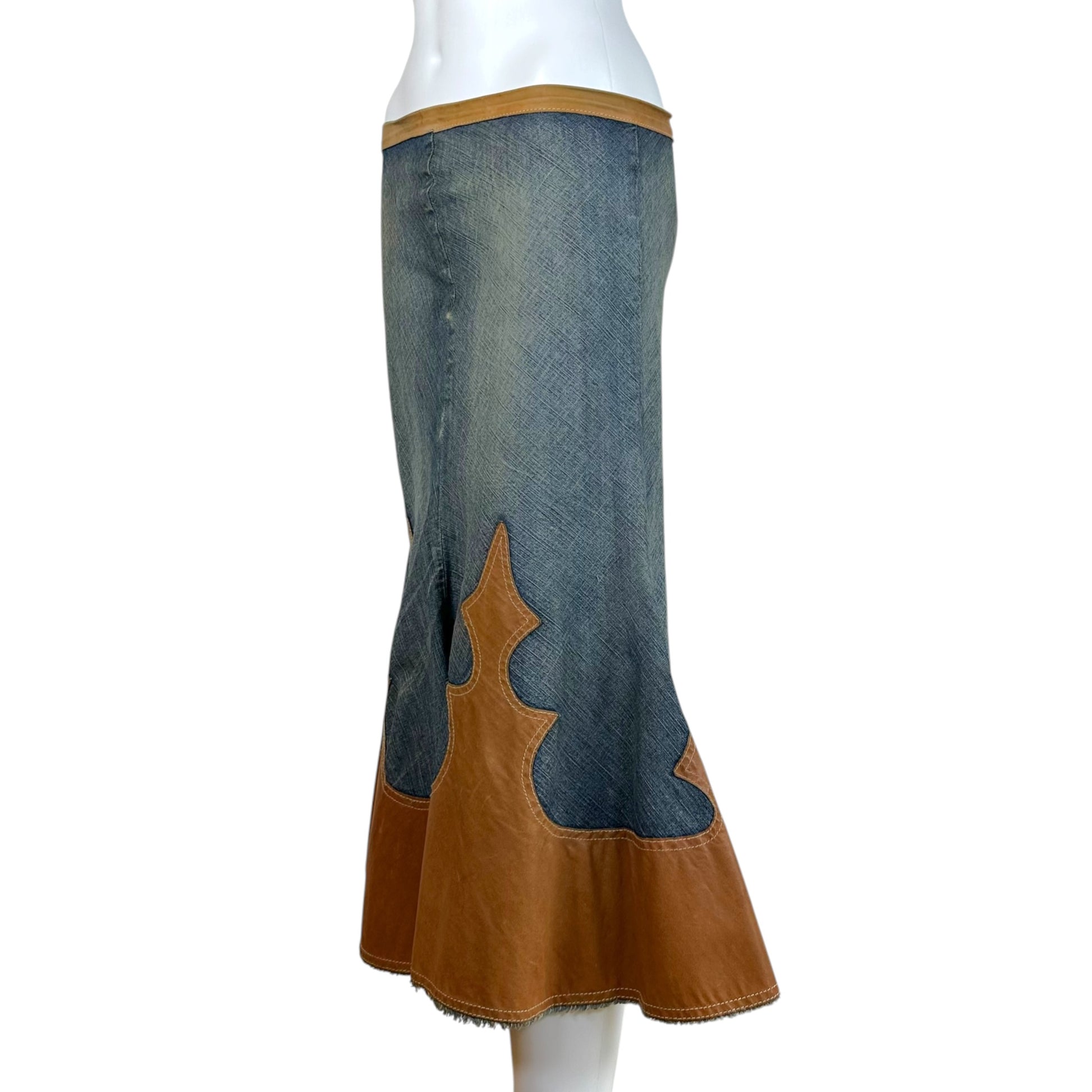 Dsquared2 Denim Tan Leather Patchwork Western Midi Skirt
