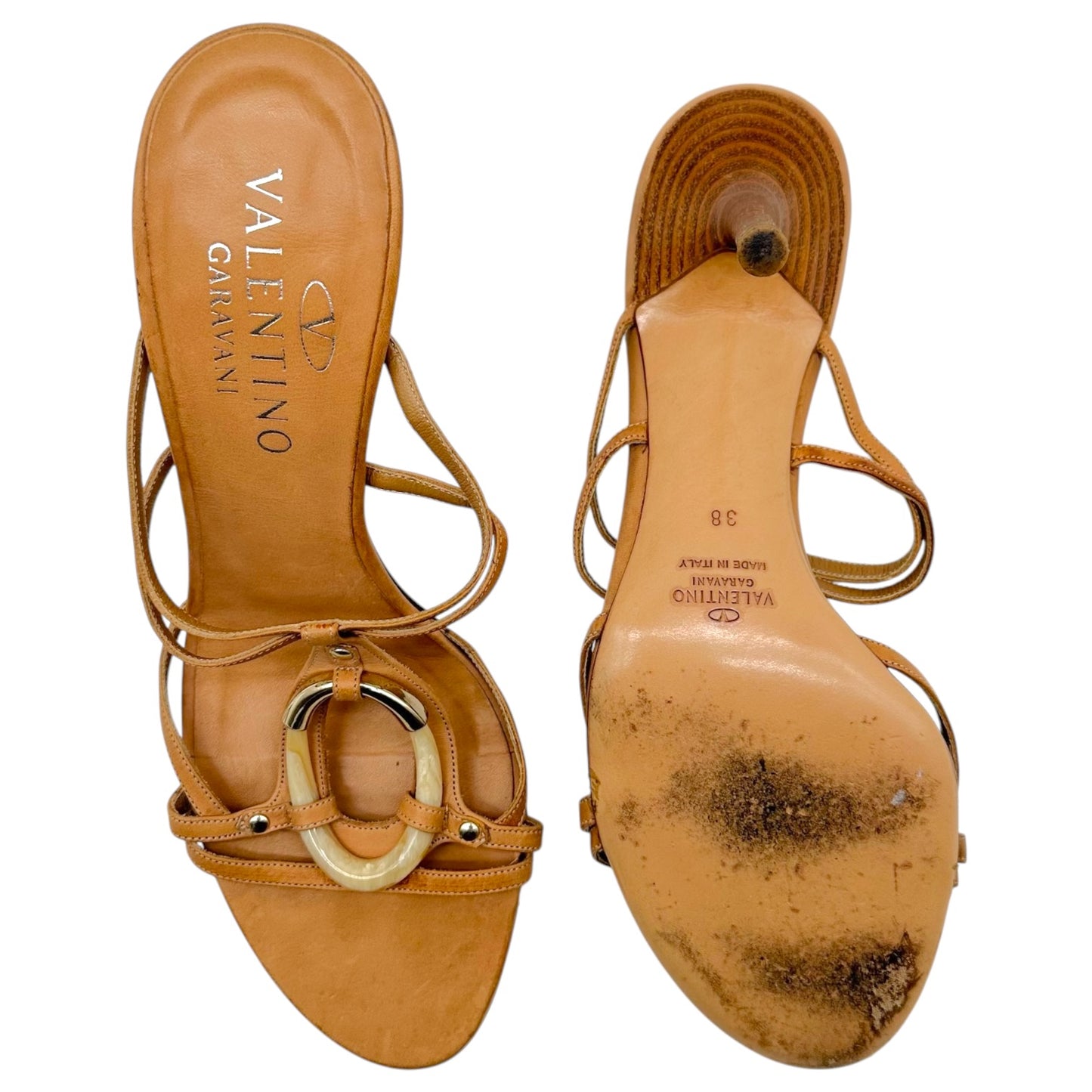 Valentino Garavani Tan Leather & Stone Embellished Strappy Mule Heels