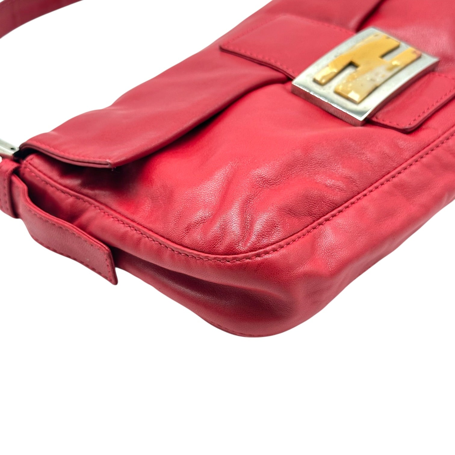 Fendi Red Leather Baguette Shoulder Bag with Yellow Stone