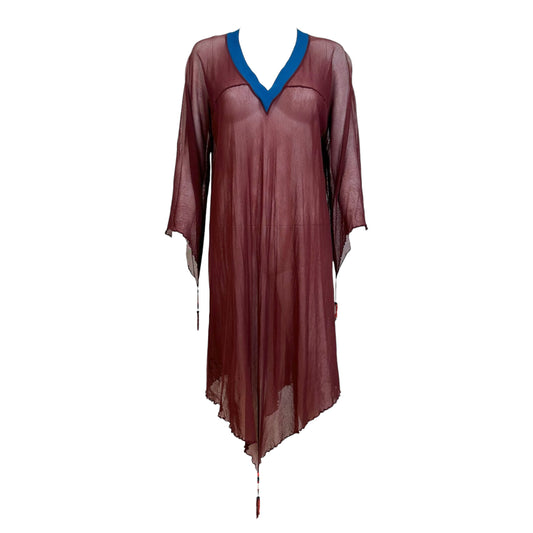 Jean Paul Gaultier Mesh Kaftan Dress Teal Burgundy Beaded