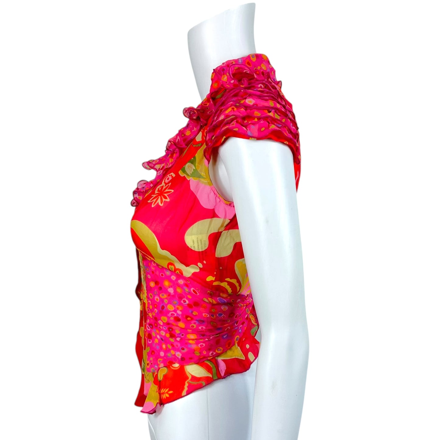 Emmanual Ungaro Fever Red & Pink Floral Cropped Tie-Back Silk Blouse