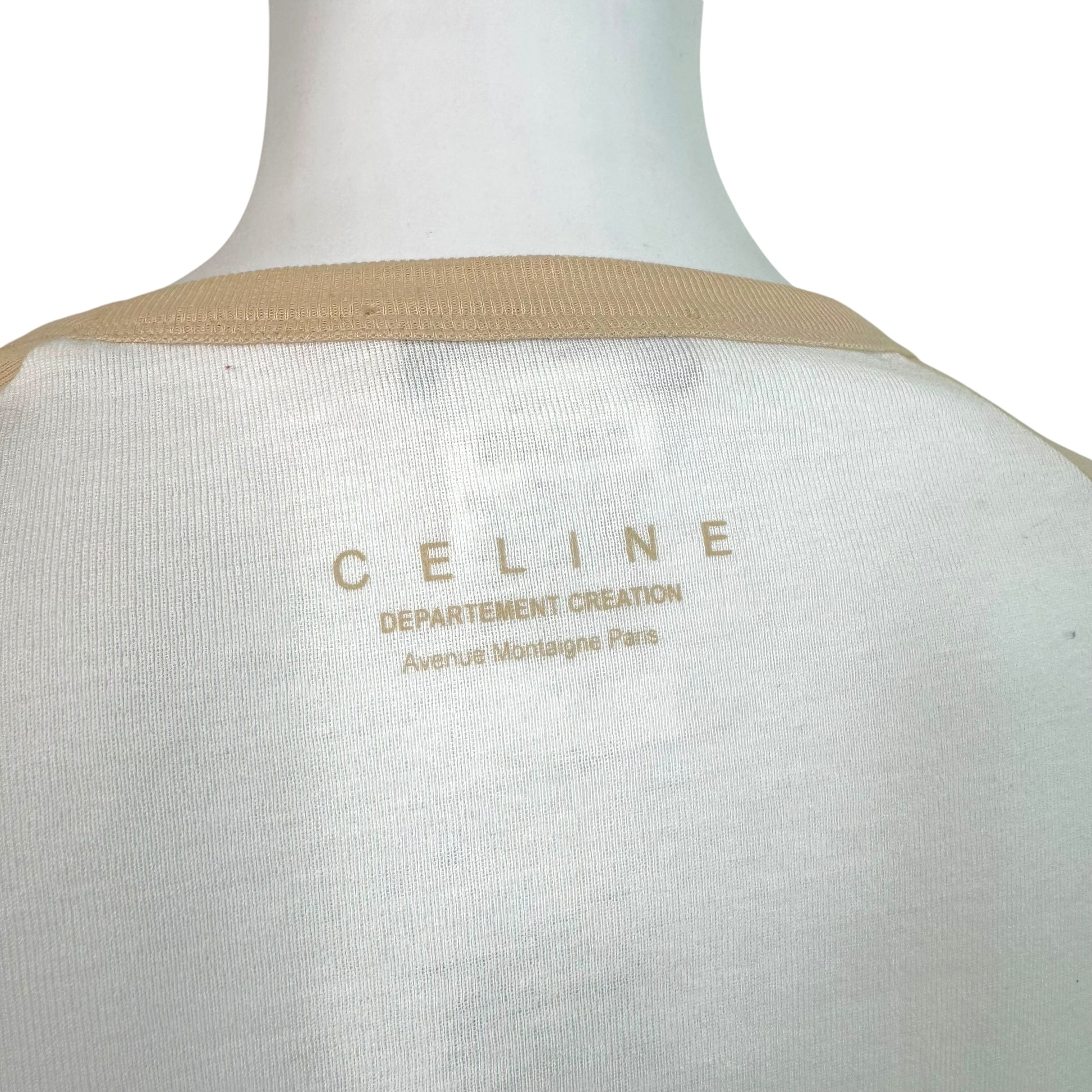 Celine Beige White Studded Triomphe Logo T-Shirt