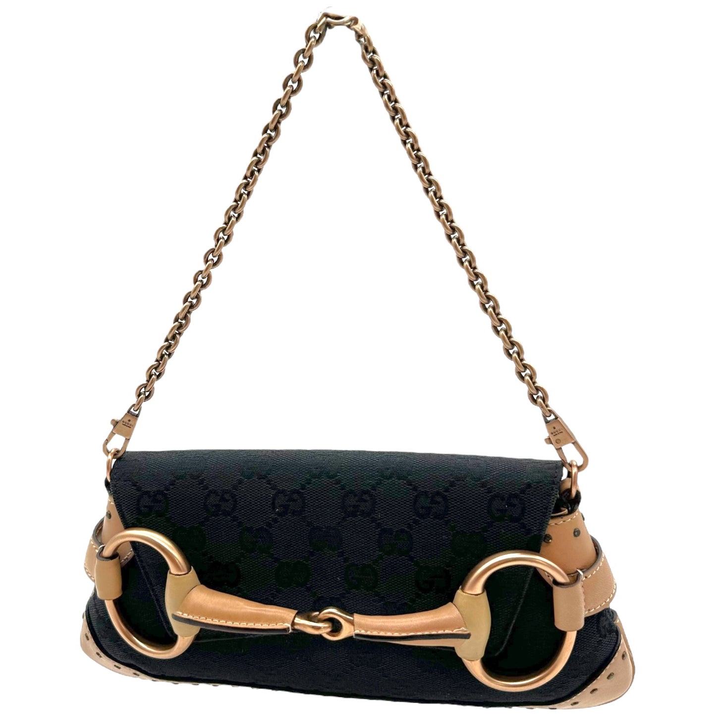Gucci Black Monogram Canvas & Tan Leather Trim Horsebit Clutch RARE