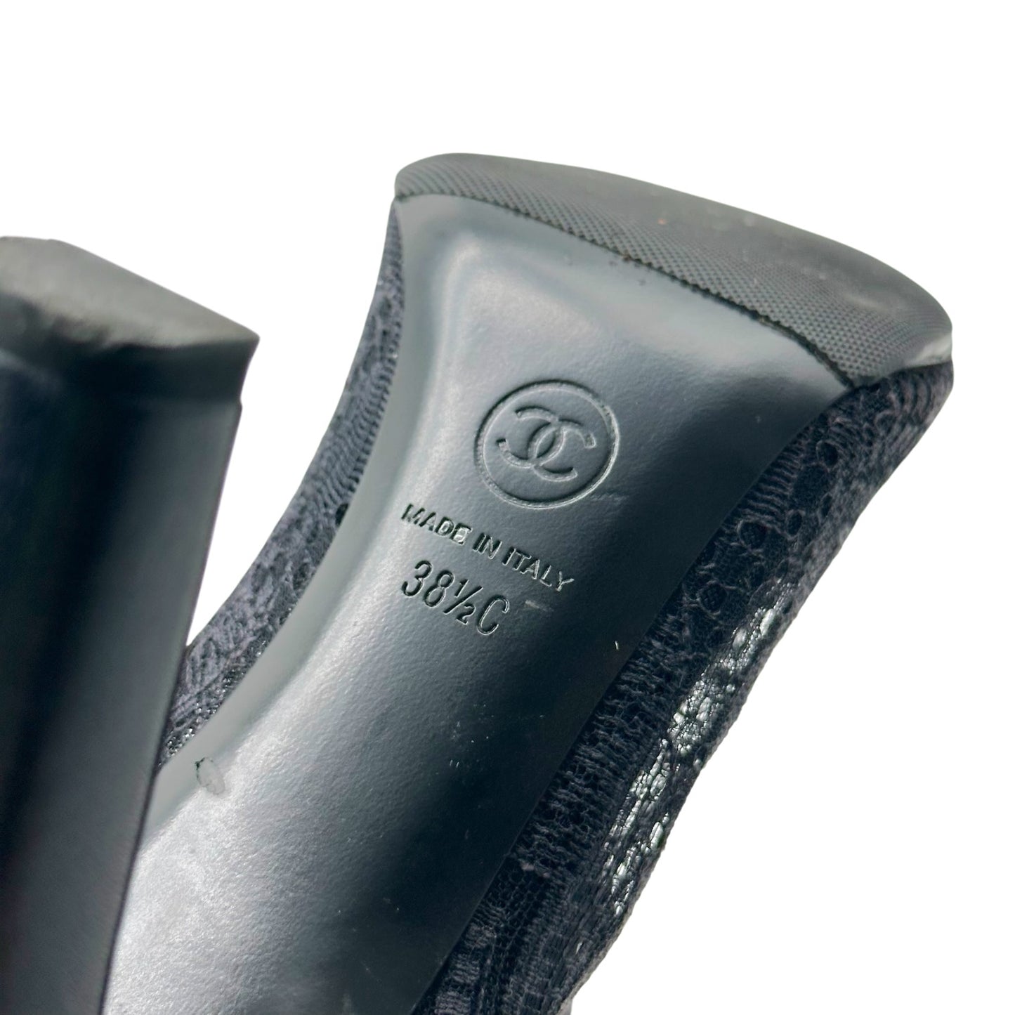 Chanel Peep-Toe Heeled Booties Black Lace Pearl Detail
