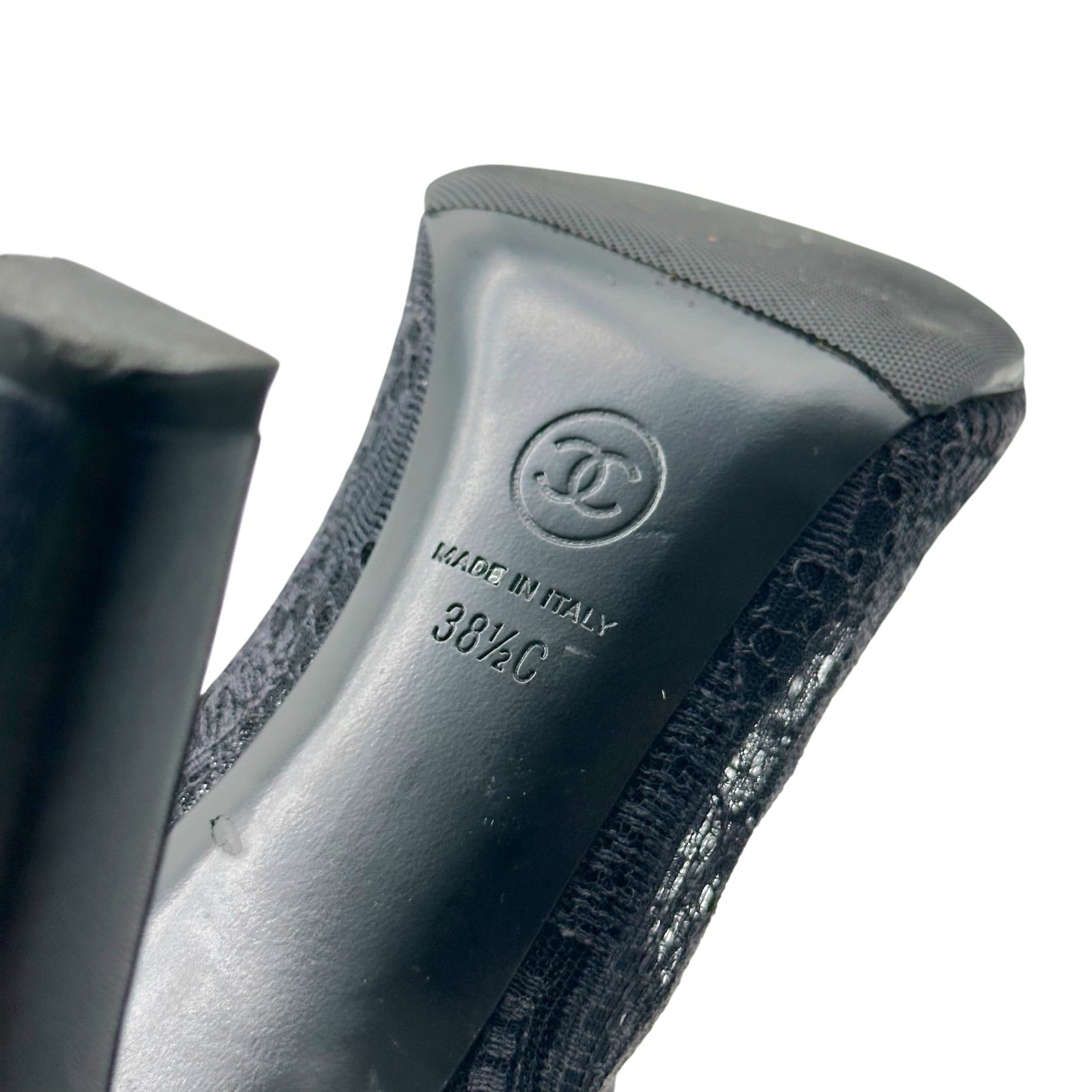 Chanel Peep-Toe Heeled Booties Black Lace Pearl Detail