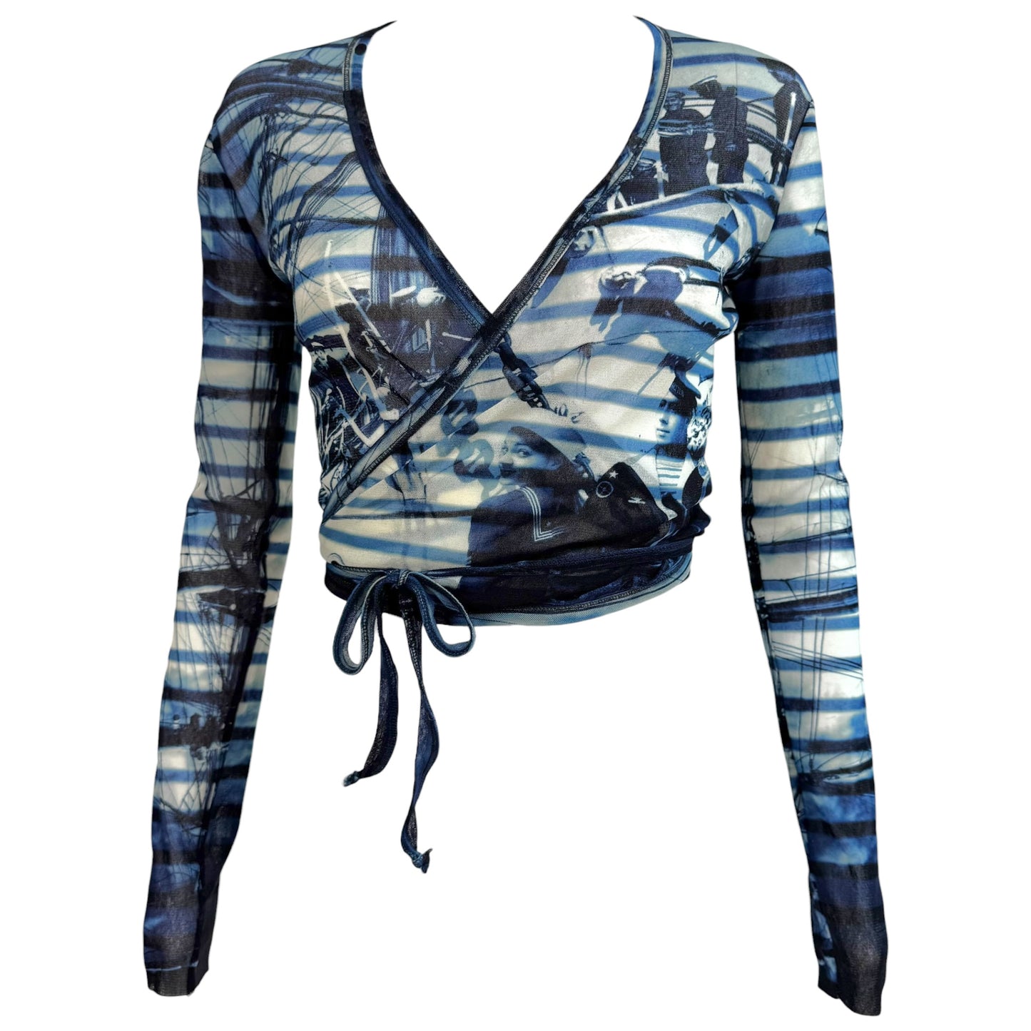 Jean Paul Gaultier Soleil Blue & White Striped Printed Mesh Wrap Top