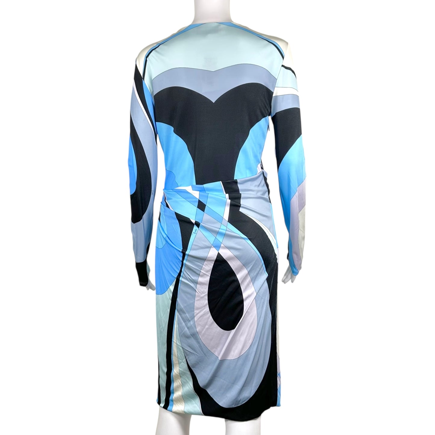 Emilio Pucci Printed Midi Wrap Dress Blue Black Long Sleeve