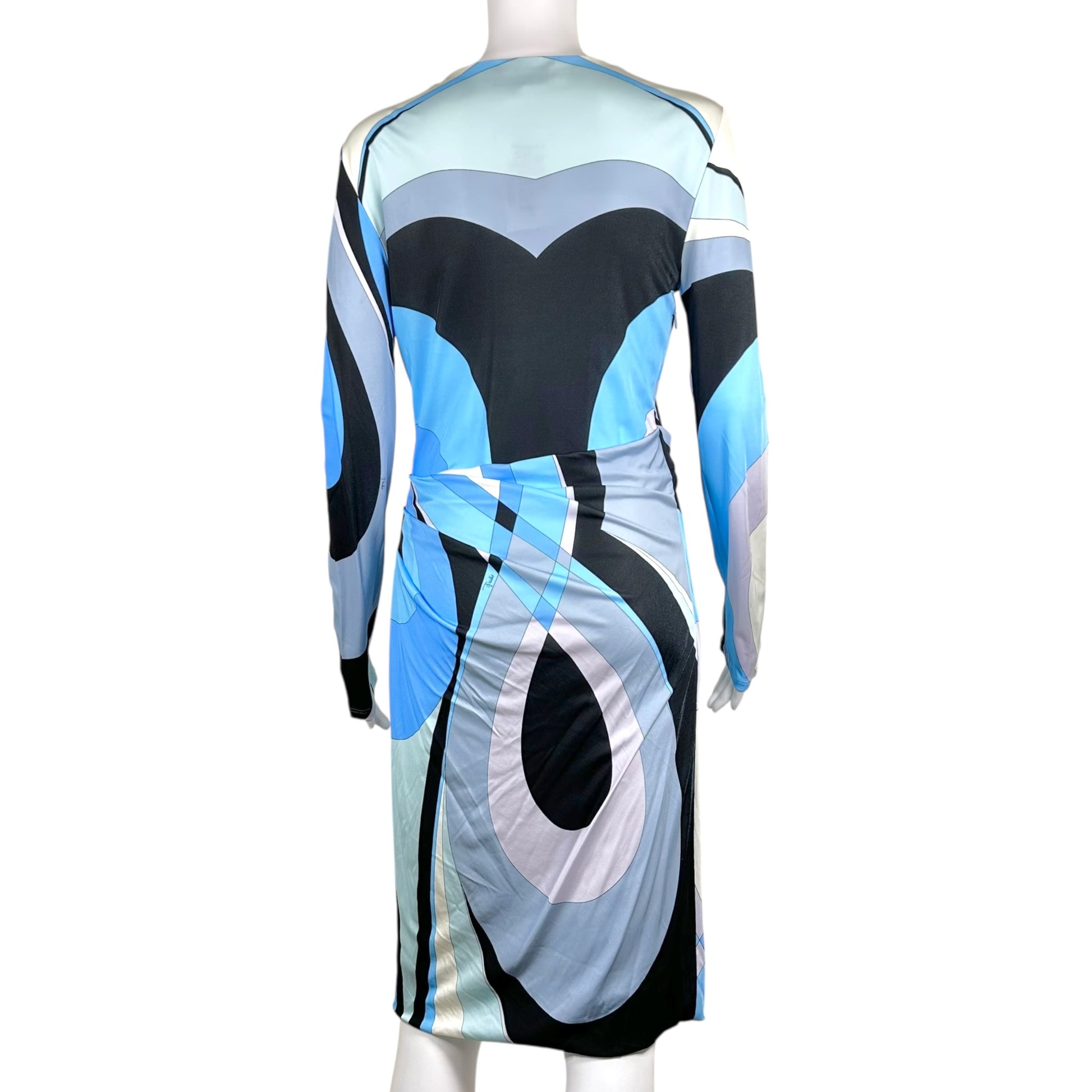 Emilio Pucci Printed Midi Wrap Dress Blue Black Long Sleeve