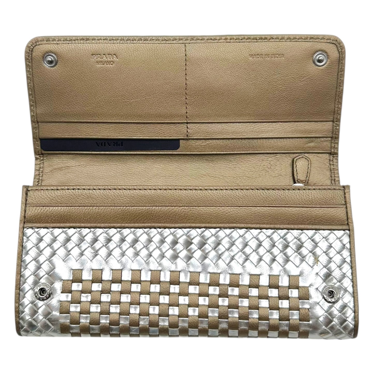 Prada Woven Long Wallet Metallic Silver Gold