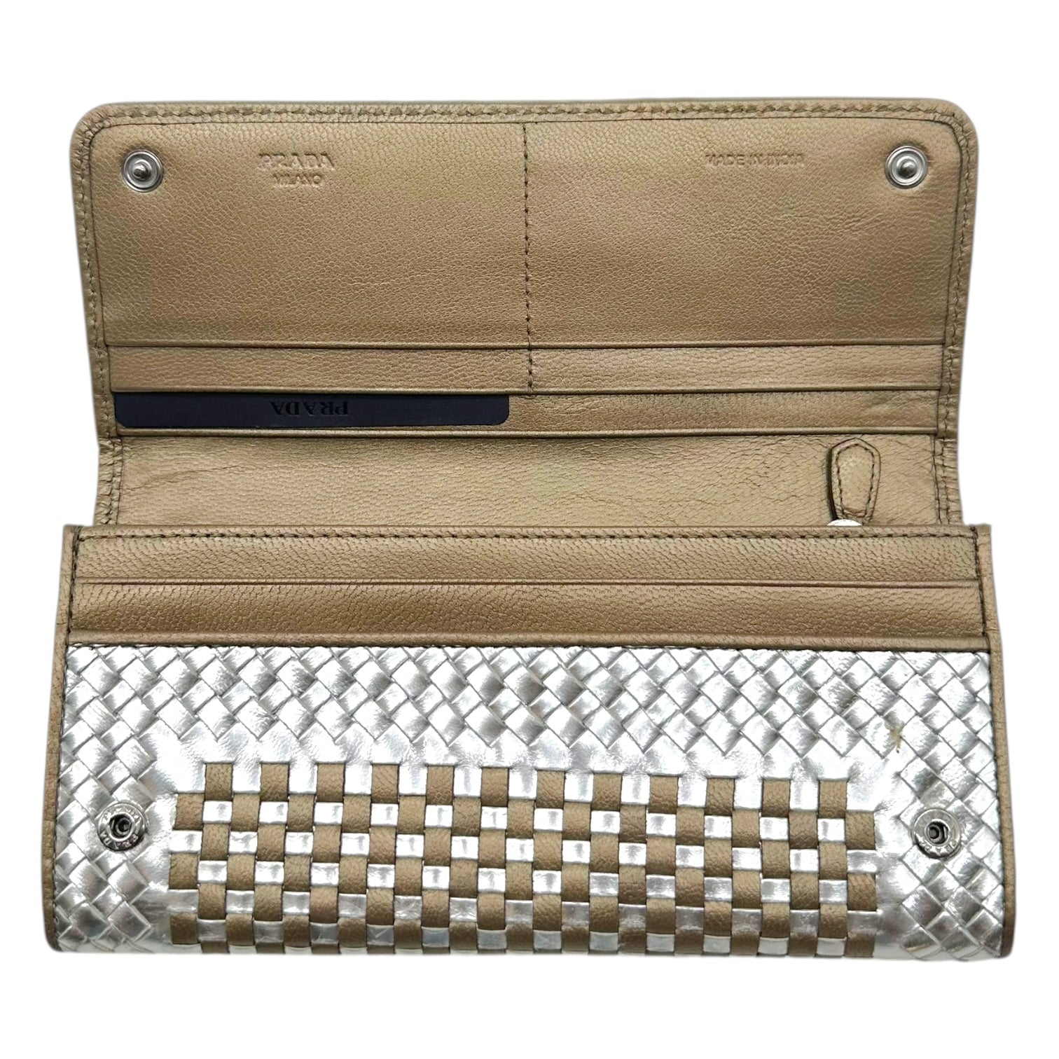 Prada Woven Long Wallet Metallic Silver Gold